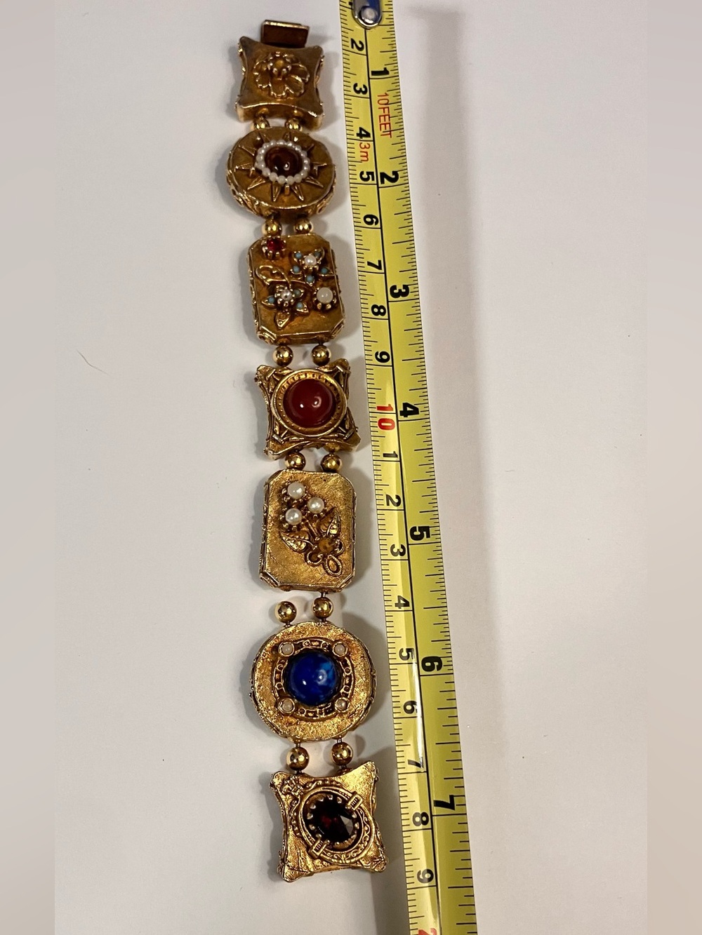 VTG signed ART Gold Tone Panel Bracelet Faux Pearl Rhinestone Cabochon “ As Is”